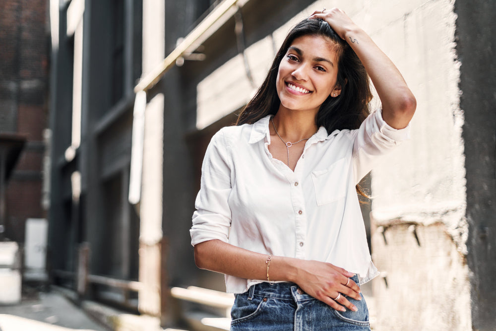 smiling woman poses