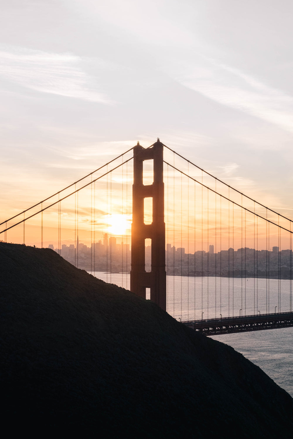 sunset behind golden gate bridge