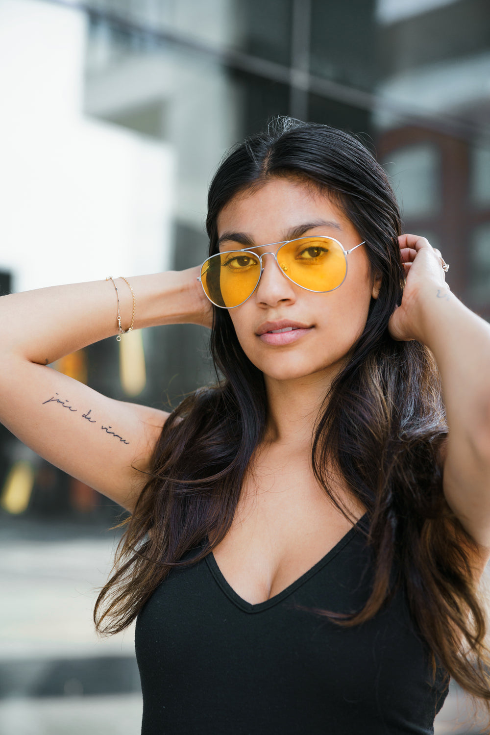 woman wearing aviator glasses